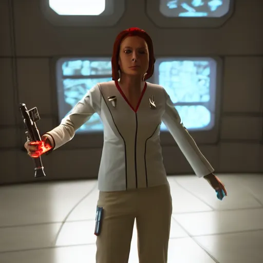 Prompt: nurse chapel from Star Trek: strange new worlds holding a gun after a fight in night city, cyberpunk, 8k ultra realistic, award winning, unreal engine 5, masterpiece