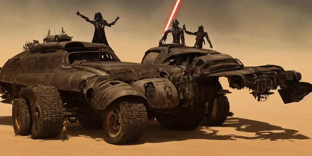 Prompt: Darth Vader standing on the hood of a driving post apocalyptic battle car in the desert and weilding a flamethrower, Mad Max Fury Road style, sandstorm