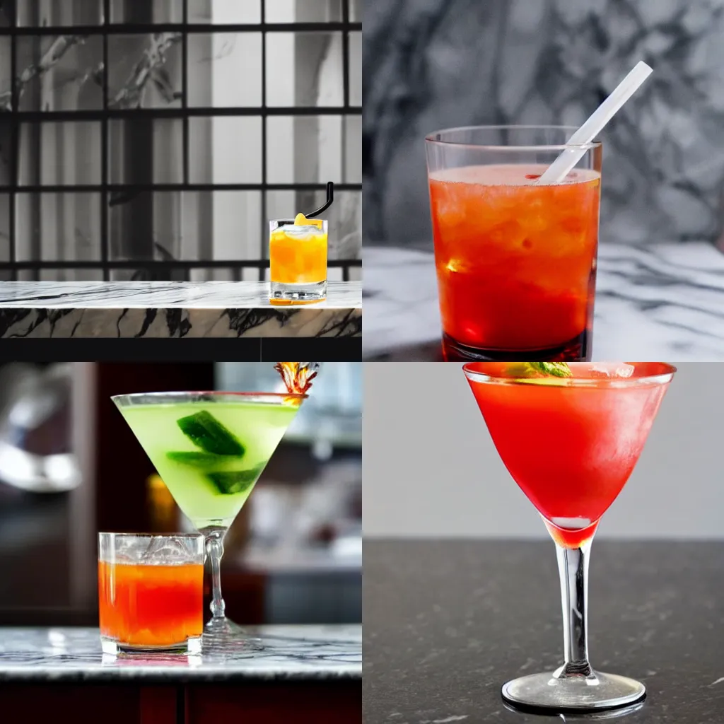 Prompt: a cocktail glass on a marble counter; the glass is full of hot liquid magma