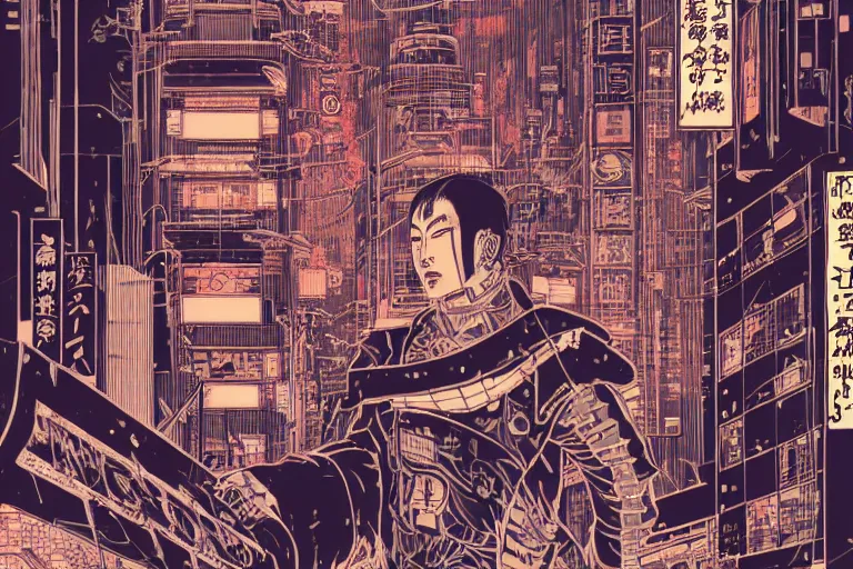 Image similar to futuristic japanese cyberpunk bladerunner silk screen by utagawa yoshiiku, ohara koson, pixiv contest winner, cyberpunk style, cyberpunk color scheme, mechanical, robotic, human machine interface, high resolution, hd, bold clear lines