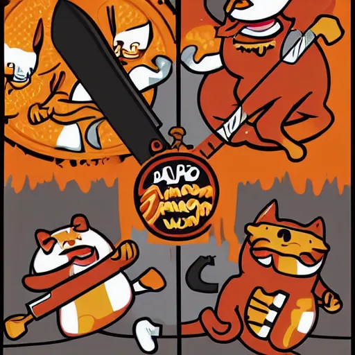 Image similar to anthropomorphic bacon, sword fighting an orange tabby cat, orange tabby sword fighting anthropomorphic bacon, award - winning photograph