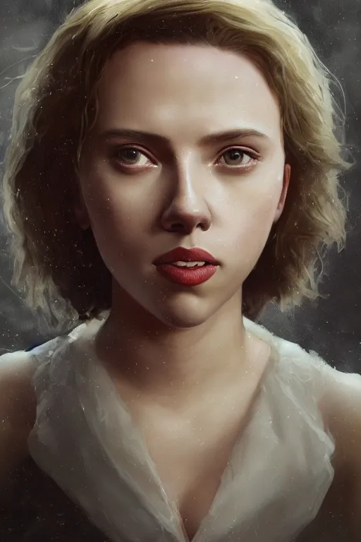 Image similar to a fancy portrait of a young Scarlett Johansson as a child by Greg Rutkowski, Sung Choi, Mitchell Mohrhauser, Maciej Kuciara, Johnson Ting, Maxim Verehin, Peter Konig, Bloodborne, macro lens, 35mm, 8k photorealistic, cinematic lighting, HD, high details, atmospheric,