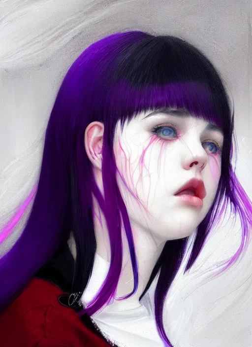 Image similar to portrait of teenage girl with white bangs, red irises, bangs, black and white hair, purple clothes, white bangs, two color hair, black hair and white bangs, intricate, elegant, glowing lights, highly detailed, digital painting, artstation, concept art, smooth, sharp focus, illustration, art by wlop, mars ravelo and greg rutkowski