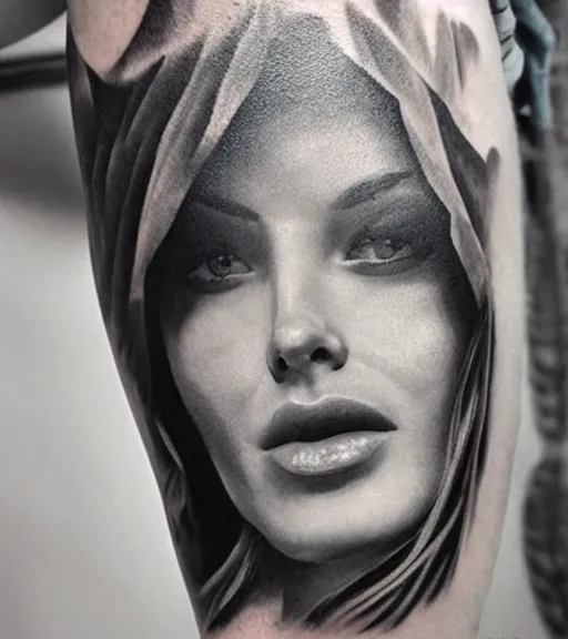 Image similar to amazing blend of a hyper realistic mountain scenery with a beautiful woman face, tattoo design sketch, in the style of matteo pasqualin, hyper - realistic, amazing detail, black and white