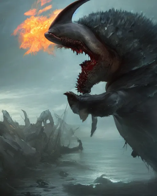Prompt: oil painting of Angry Anthropomorphized Dolphin Berserker, wearing fur armor, claws, sharp focus, attack pose, fantasy style, octane render, volumetric lighting, 8k high definition, by greg rutkowski, highly detailed, trending on art Station, magic the gathering artwork, burning Battlefield background, centered