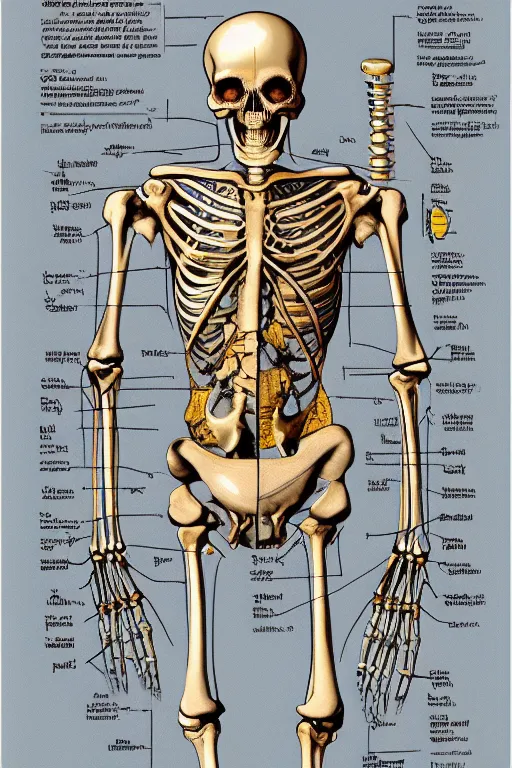 Image similar to anatomical encyclopedia illustration of a human skeleton, photorealistic, diagram, intricate details