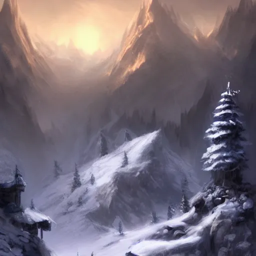 Image similar to dark fantasy concept art of a snow mountain with a small village on it at night, dynamic lighting, ambient lighting, atmospherical, stunning visuals, creative, cinematic, ultra detailed trending on art station, 8k quality, lonely vibe