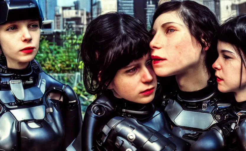 Prompt: cinestill 5 0 d photographic portrait by helen levitt of affection between two loving female cyborgs wearing black techwear in a retrofuturist garden, extreme closeup, modern cyberpunk, moody, 8 k, hd, high resolution, 3 5 mm, f / 3 2, ultra realistic faces, intricate detail, ex machina