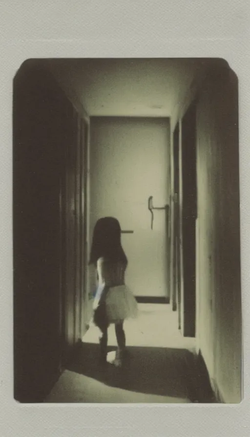 Prompt: found polaroid photo of a young girl floating in a dark hallway, possessed