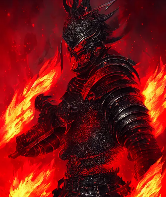 Image similar to a detailed manga character illustration of a dark warrior in black plated armour surrounded by red flames, trending on artstation, digital art, 4 k resolution, detailed, octane render, high quality, sharp focus, hq artwork, insane detail, concept art, character concept, character illustration, full body illustration