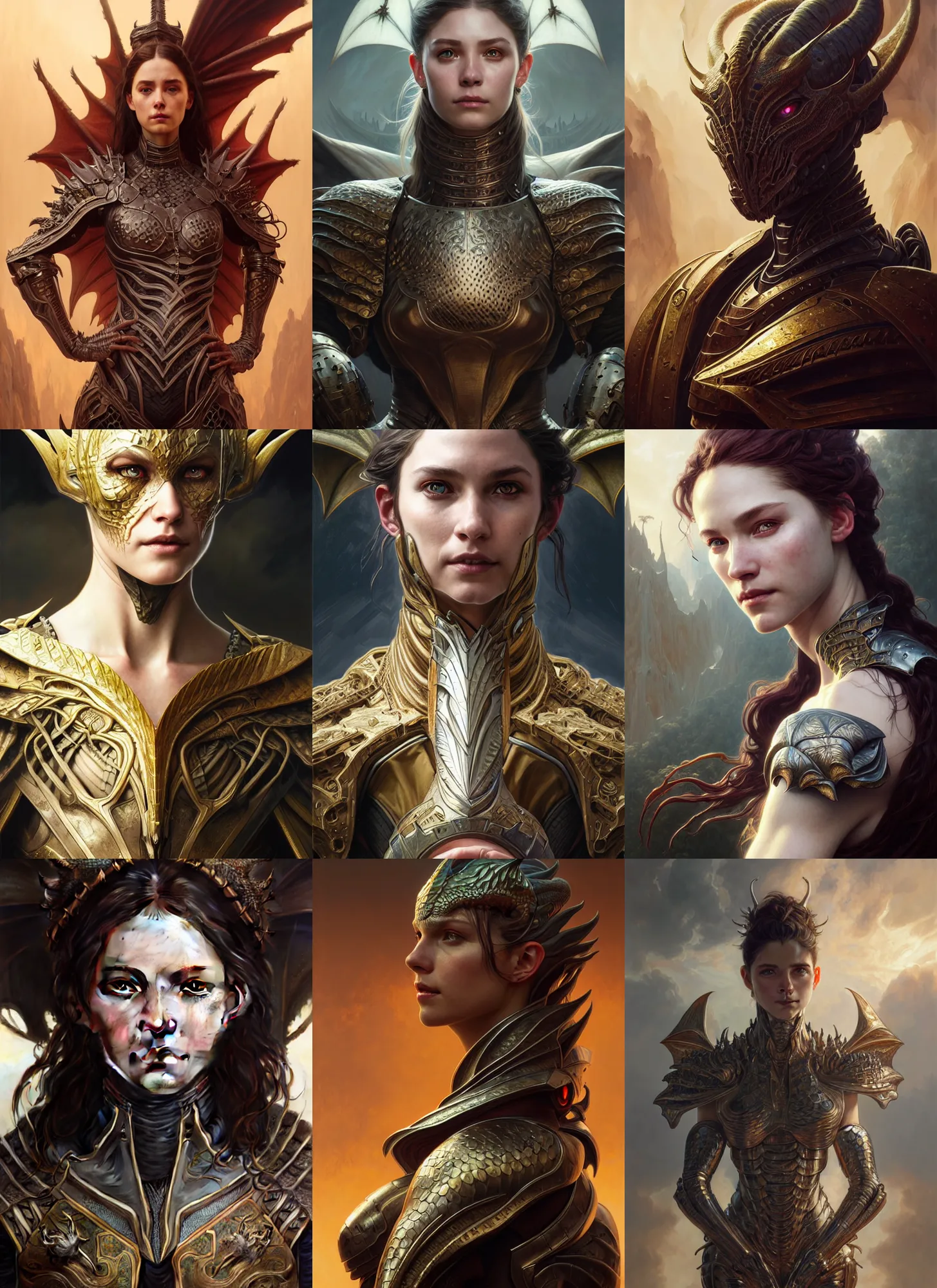 Prompt: portrait painting of a human wearing dragon armor, ultra realistic, concept art, intricate details, eerie, highly detailed, photorealistic, octane render, 8 k, unreal engine. art by artgerm and greg rutkowski and charlie bowater and magali villeneuve and alphonse mucha