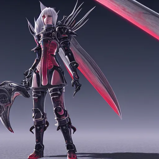 Image similar to a red au ra xaela with grey hair in a suit of astronaut armor with their futuristic scythe drawn, Final Fantasy FFXIX, high octane, detailed 3D rendered in unreal engine, 4k