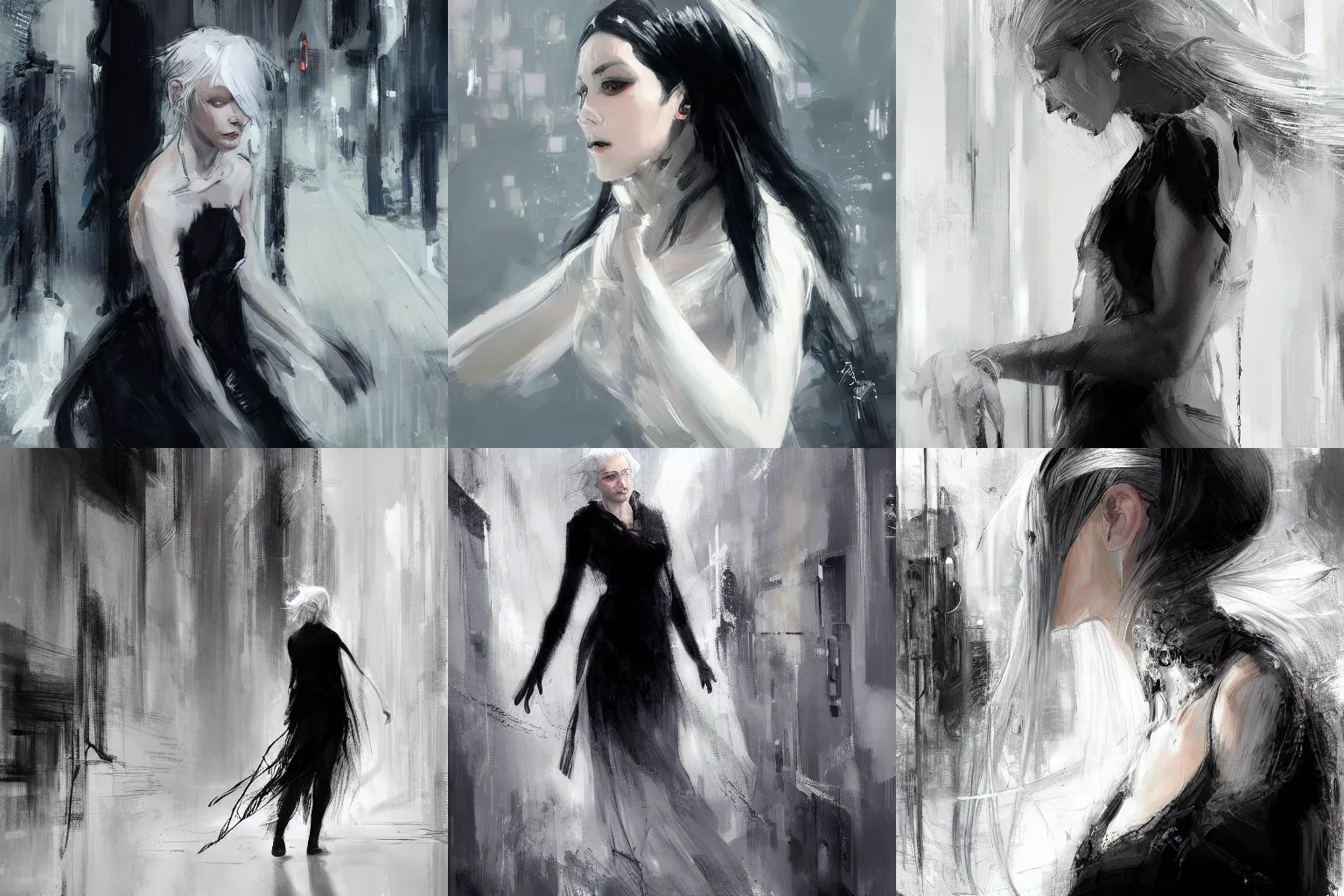 Prompt: Woman dressing black and long white white hair by Wadim Kashin