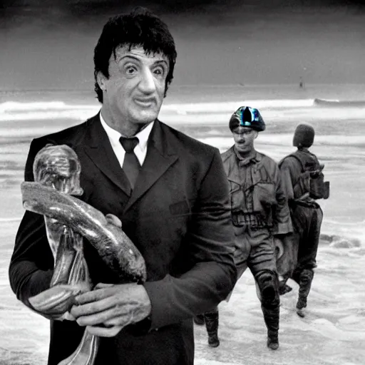 Prompt: sylvester stallone is storming the beach on D-Day, black and white historical photograph