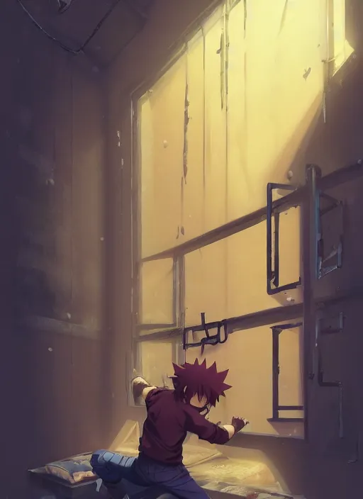 Image similar to highly detailed prison cell with naruto uzumaki with black hair, metal bars in window, powerfully hitting a wall, art by greg rutkowski, loish, rhads, ferdinand knab, makoto shinkai and lois van baarle, ilya kuvshinov, rossdraws, tom bagshaw, global illumination, radiant light, detailed and intricate environment