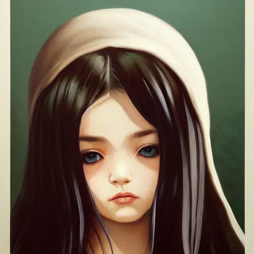 Prompt: a painting of cute innocent happy emo young adult, with long dark hair, thick eyebrows, dark eyes and dark circles wide nose, big eyes, oval face, big cheeks holding her cat, photorealistic painting by tran nguyen ilya kuvshinov and greg rutkowski featured on deviantart, detailed painting