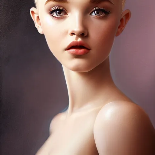 Image similar to tom bagshaw portrait, beautiful mix of dove cameron madison beer bella poarch in a full ballerina suit, short redhead, professionally retouched, focus eyes, ultra realistic soft painting, insanely detailed linework, symmetrical accurate intricate features, behance, 8 k, - signature