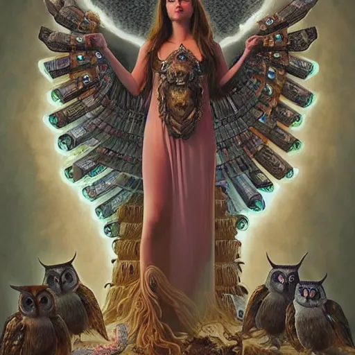 Image similar to a portrait of ornella muti as the goddess minerva surrounded by stacks of books, and owls, bioluminescent gown with deep level of detail of esoteric symbols, intricate, elegant, highly detailed, digital painting, trending on artstation, concept art, smooth sharp focus, illustration, art by artgerm and greg rutkowski