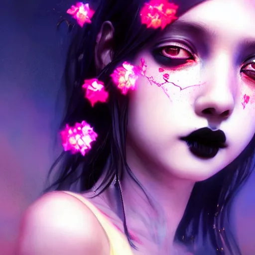 Image similar to terrifying closeup portrait of a beautiful carefree goth girl in tanktop covered in glowing flowers, by katsuhiro otomo, yoshitaka amano, nico tanigawa, artgerm, greg rutkowski makoto shinkai takashi takeuchi rendered with intense 3 d effect reflective shadowing, cinematic lighting, hyperrealistic illustration uhd 8 k