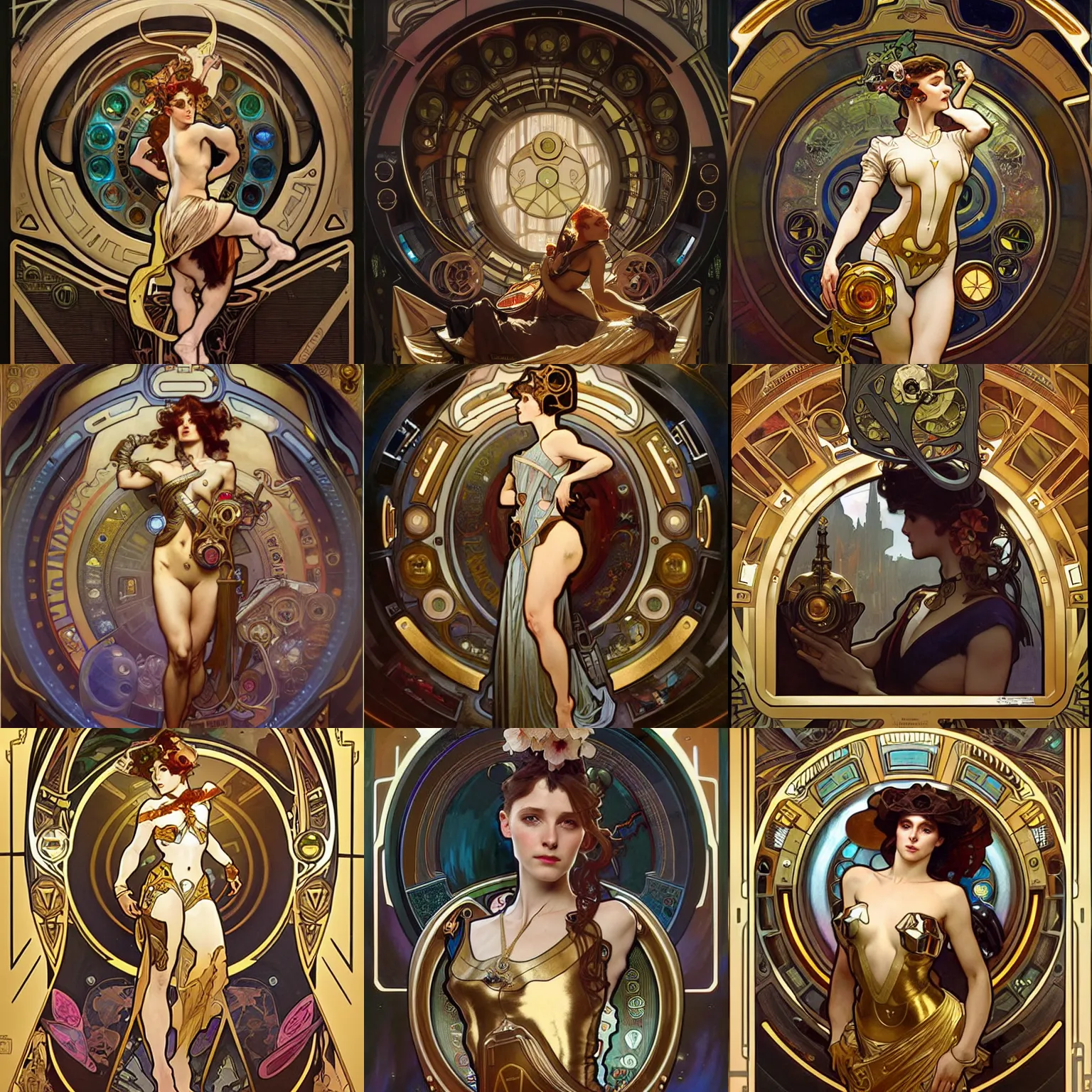 Prompt: lead artist alphonse mucha, scifi, a gold vault chest slightly open with hidden luxury goodies, steve argyle, peter Mohrbacher, Davi Blight, full body artist artgerm, magali villeneuve, background artist greg rutkowski, no distorsion