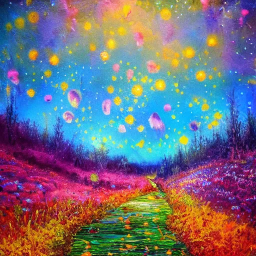 Image similar to an impressionist painting of a gorgeous meadow filled with colorful mushrooms with a stream flowing through it, psychedelic colors, starry sky in background, high detail, trending on artstation
