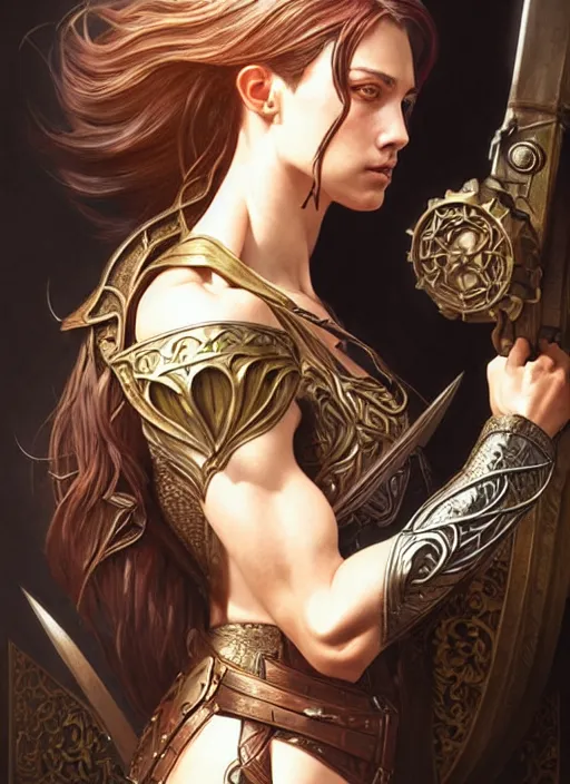 Image similar to Muscular and powerful medieval knight portrait, art nouveau, fantasy, intricate flower designs, elegant, highly detailed, sharp focus, art by Artgerm and Greg Rutkowski