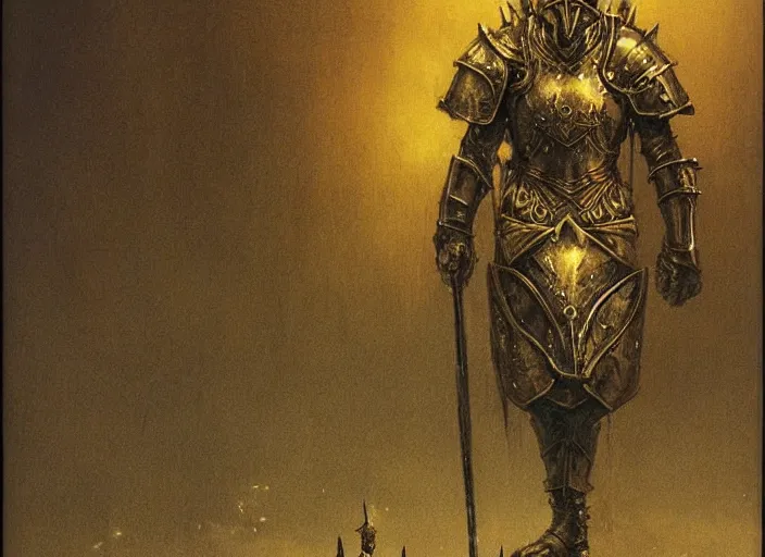 Image similar to royal knight in golden sun armor concept, by beksinski, dark soul concept art