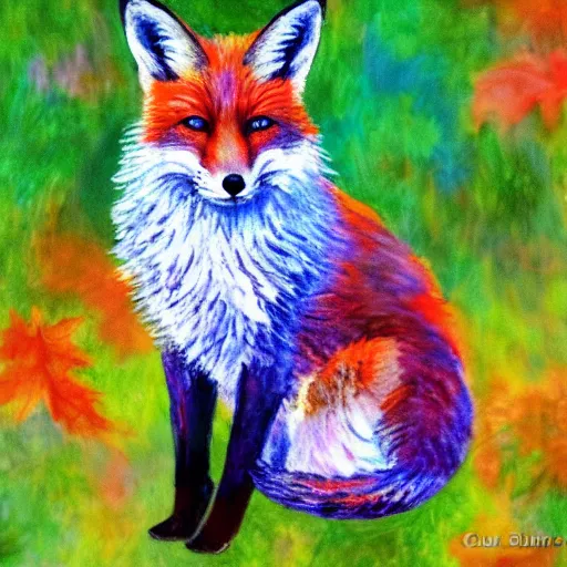 Prompt: fox in the garden, vivid watercolor, in the style of claude monet, beautiful face, fall leaves multiple colours, award winning, hd, 4 k, purple, blue