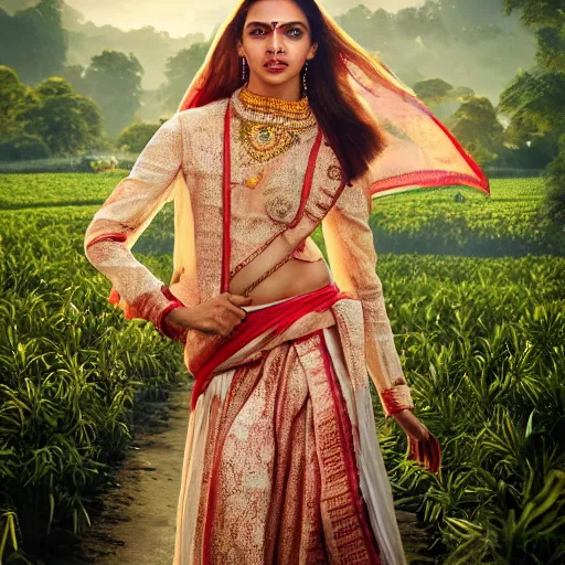 Prompt: Deepika Padukone wearing assamese mekhela, background: assam tea garden, clear makeup, clean hair, dry skin, clear skin, airbrushed, bright eye makeup, beautiful feminine body, photo by mario testino, 8k octane render, cinematic, hyper detailed, micro details, insanely detailed, trending on artstation, concept art