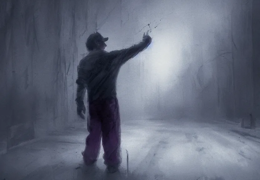 Prompt: painting of the figure of a man in a haunting scenery during the 1 9 8 0's, stephen king inspired, the it, high contrast, concept art, fully colored, purple filter, neon, dramatic lighting, digital art, 8 k, extremely detailed, drawn by ruan jia