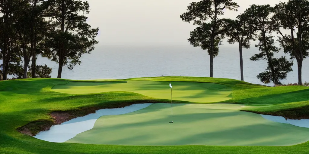 Prompt: a great photograph of the most amazing golf hole in the world completely surrounded by water, calm water, perfect light, ambient light, miniature, tilt shift, 5 0 mm, golf digest, top 1 0 0, fog