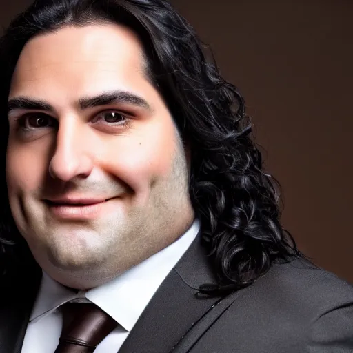 Prompt: Close up portrait of a clean-shaven chubby man with long black hair wearing a brown suit and necktie with a television in the background. Photorealistic. Award winning. Dramatic lighting. Intricate details. UHD 8K. He looks very happy.