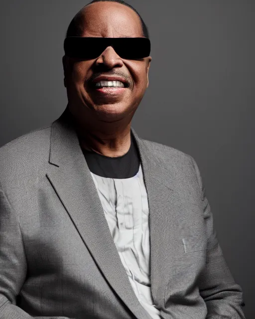 Image similar to Fully-clothed full-body portrait of Stevie Wonder, XF IQ4, 50mm, F1.4, studio lighting, black background, professional, 8K