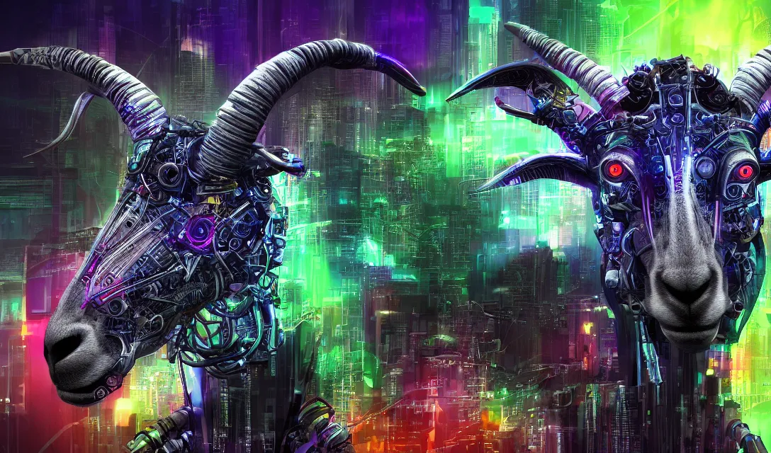 Image similar to complex cyberpunk machine background merged with evil cybernetic goat head centered!, multicolored digital art