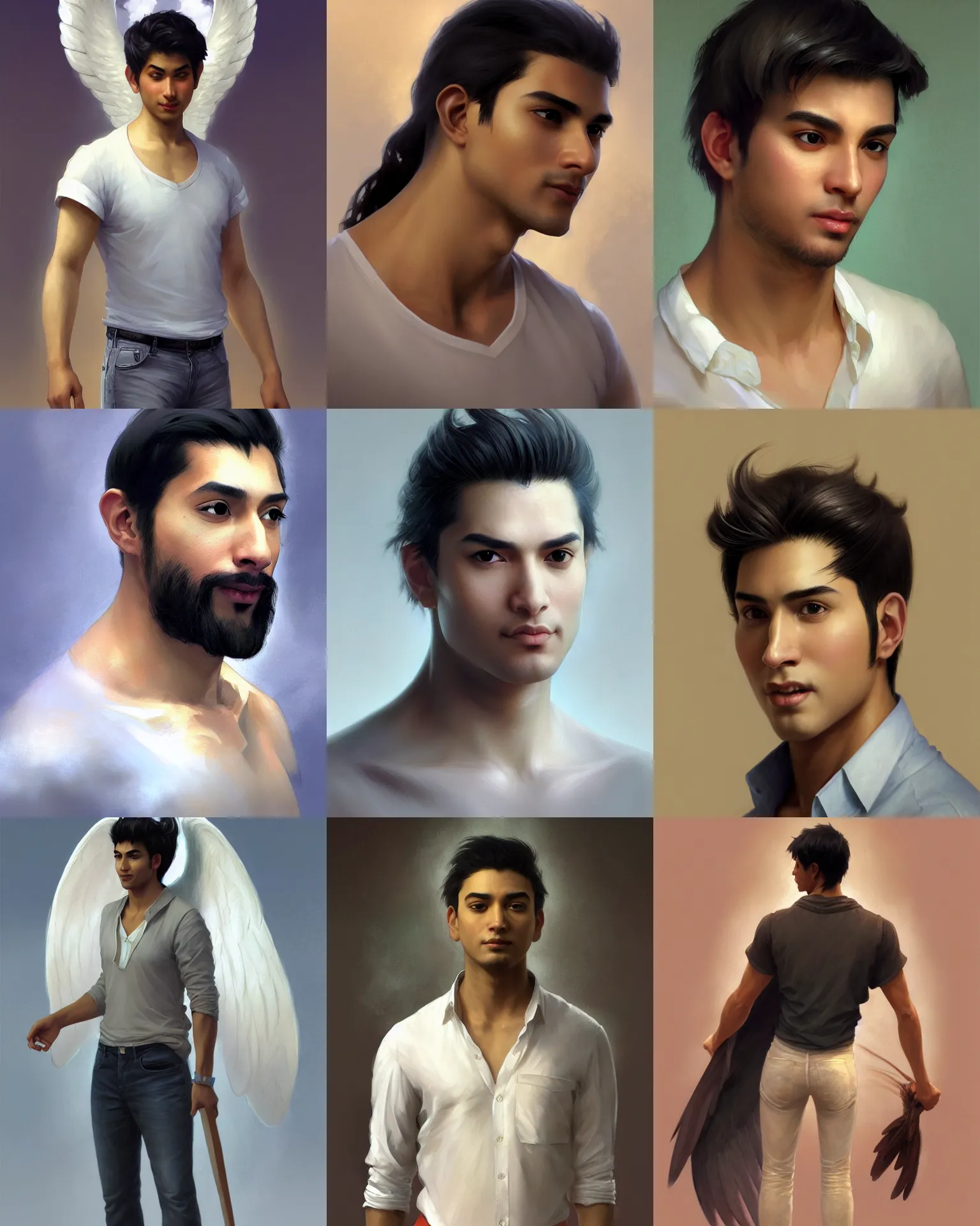 Prompt: character concept portrait of a handsome male angel, South-asian ethnicity. Clean-shaven, hair in a ponytail. Shirt, jeans and barefoot. Distant full-body view. Digital painting, concept art, smooth, sharp focus, illustration, by Ruan Jia and Mandy Jurgens and Artgerm and William-Adolphe Bouguereau