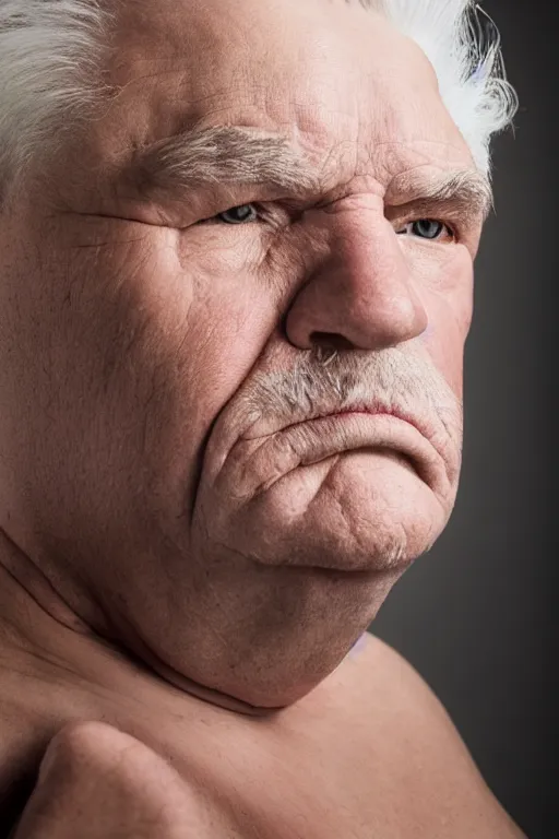 Image similar to portrait of a heavy old man with shaved face and white hair. he has a sad look in his eyes. studio lighting