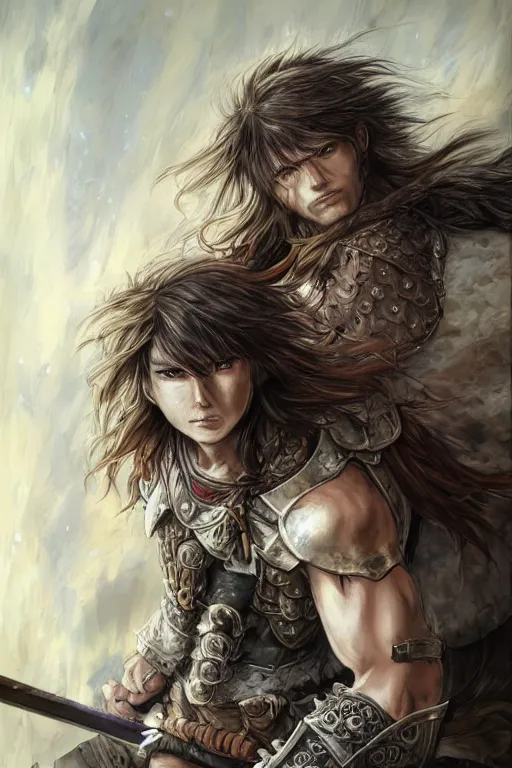 Image similar to A realistic anime portrait of a young handsome male barbarian with long wild hair, intricate fantasy spear, plated armor, D&D, dungeons and dragons, tabletop role playing game, rpg, jrpg, digital painting, by Yoshitaka Amano and Ayami Kojima and Akihiko Yoshida, digtial painting, trending on ArtStation, SFW version