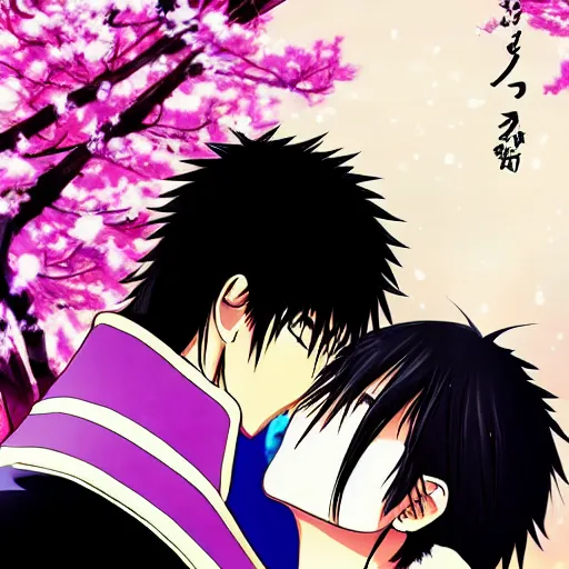 Prompt: Hijikata Toushirou kissing Okita Sougo,Official character illustration,Popular on Pixiv，Gintama,fantasy cherry blossom background