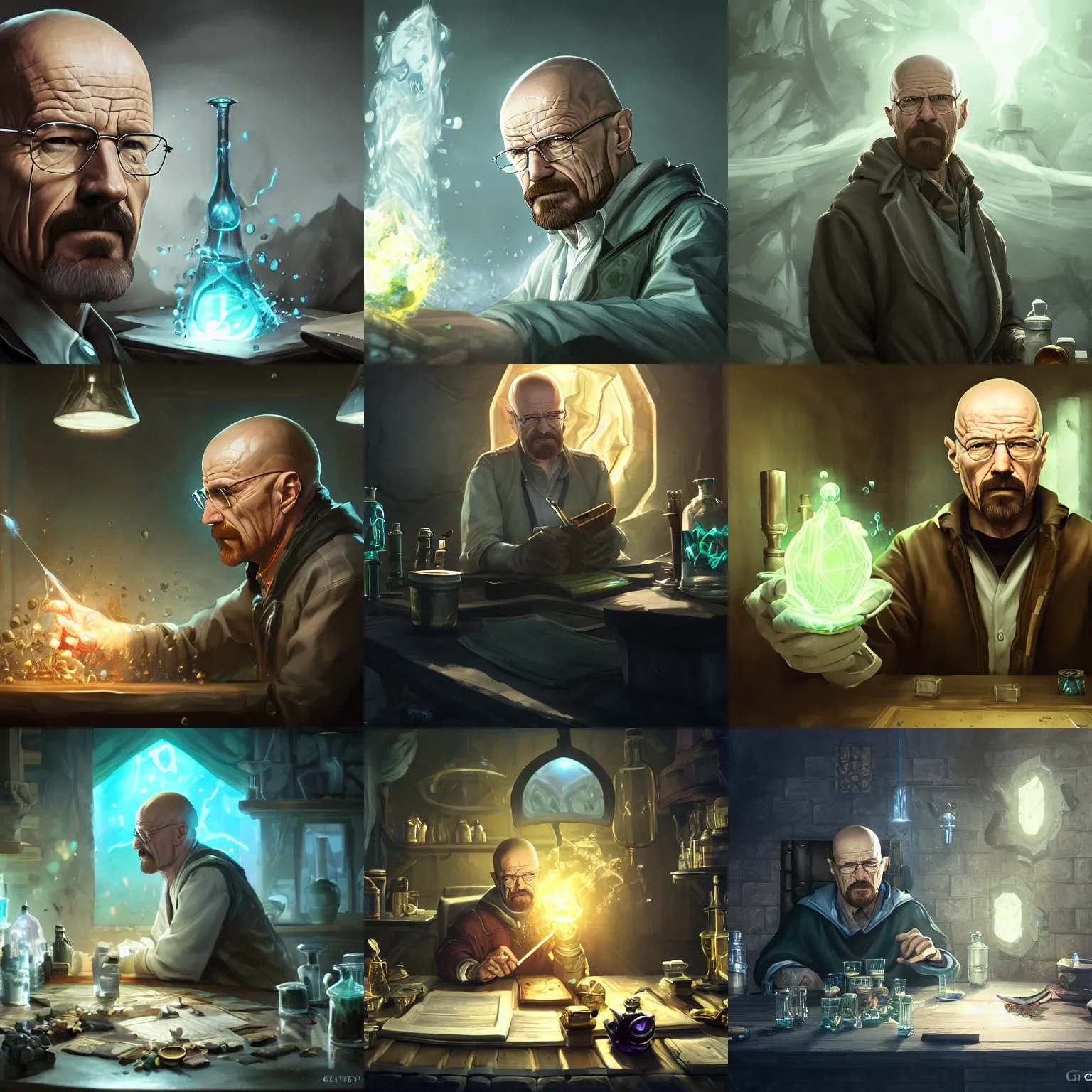 Prompt: portrait of walter white as an alchemist making potions, alchemy, league of legends amazing splashscreen artwork, dungeons and dragons, splash art, natural light, elegant, photorealistic facial features, intricate, fantasy, detailed face, atmospheric lighting, anamorphic lens flare, cinematic lighting, league of legends splash art, hd wallpaper, ultra high details by greg rutkowski