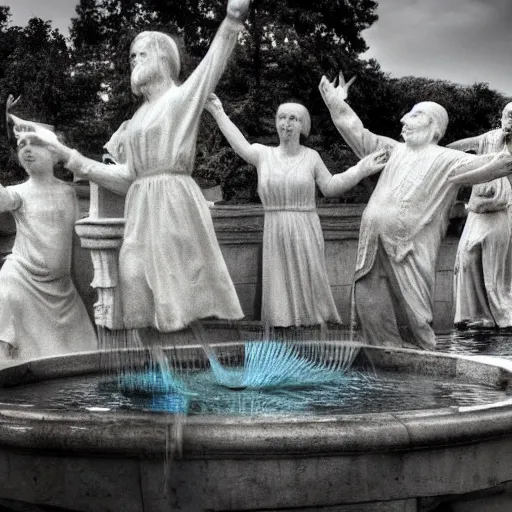 Image similar to the ghosts of the past, present and the future dancing around the fountain of youth and wisdom