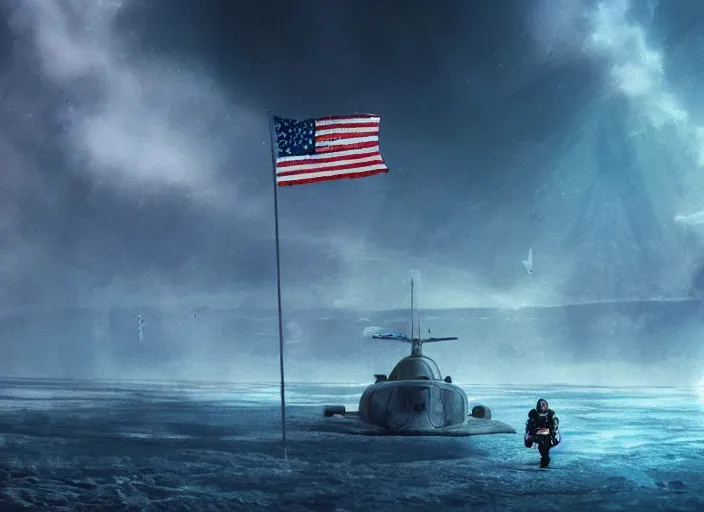 Image similar to astronaut holding a flag in an underwater desert. a submarine is visible in the distance. dark, concept art, cinematic, dramatic, atmospheric, 8 k, trending on artstation, blue, fish, corals, low visibility, light rays, extremely coherent, bubbles, fog, ocean floor, christopher nolan, interstellar
