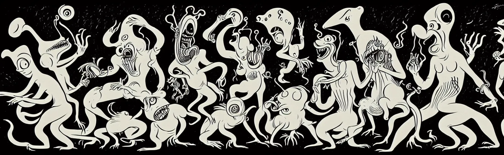 Image similar to whimsical creatures from the depths of the collective unconscious, dramatic lighting, surreal dark 1 9 3 0 s fleischer cartoon characters