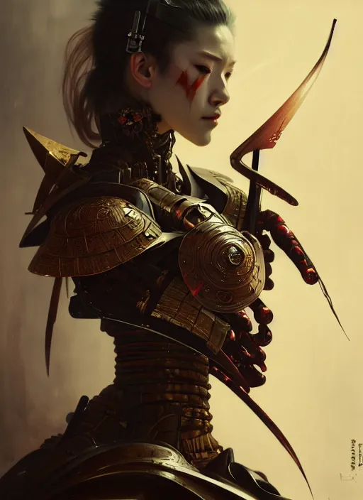 Image similar to samurai cyborg, diffuse lighting, fantasy, intricate, elegant, highly detailed, lifelike, photorealistic, digital painting, artstation, illustration, concept art, smooth, sharp focus, art by John Collier and Albert Aublet and Krenz Cushart and Artem Demura and Alphonse Mucha