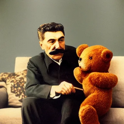 Prompt: professional picture of Joseph Stalin smoking a joint and sitting next to an anthropomorphic teddy bear on a couch, dslr, cinematic, detailed and realistic face,