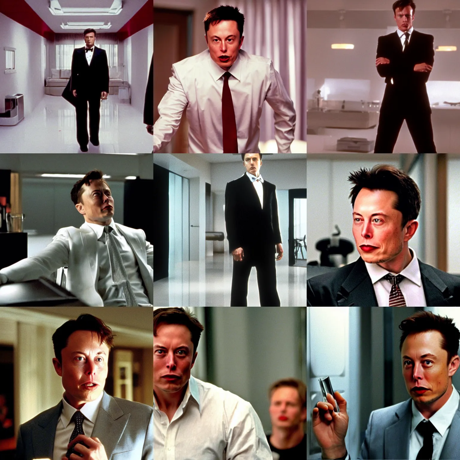 Prompt: still of elon musk in american psycho (2000)