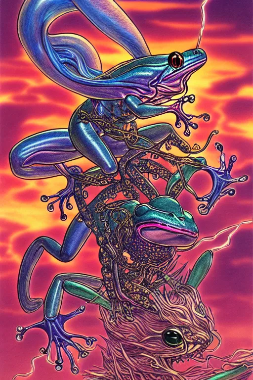 Image similar to illustration of a lightning demon riding a frog, intricate linework, in the style of moebius, ayami kojima, 1 9 9 0's anime, retro fantasy