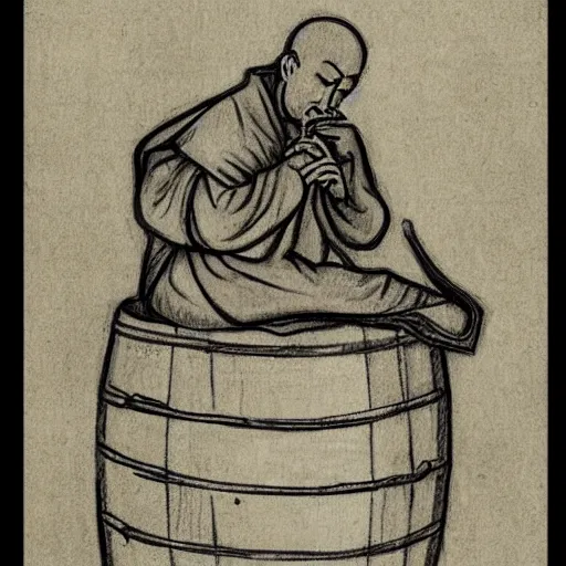 Prompt: pencil sketch of a monk drinking wine next to a barrel, pondering, medieval style