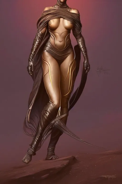 Prompt: a beautiful exotic female fremen, in a still suit on dune, dark fantasy, intricate, elegant, highly detailed, digital painting, artstation, concept art, matte, sharp focus, illustration, art by artgerm and alphonse mucha