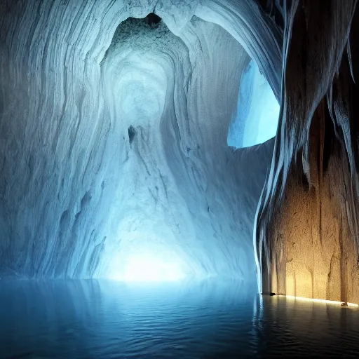 Image similar to travellers,beyond time ,the cathedrals in a underground vast cave canyon grotto, of life the beginning , geological strata,ground mist, falling water,deep clear pools of water,reflection,refraction, hyper-maximalist,micro details, 3d sculpture,,digital rendering,octane render , 4k, artstation, concept art ,amazing lighting, f42,deep depth of field,photographic, wide angle,cinematic lighting