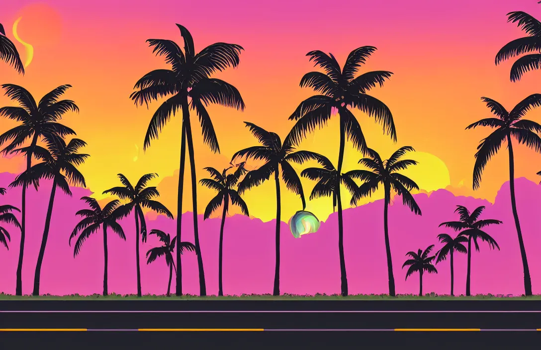 Image similar to a vaporwave landscape with palm trees at the sides of an highway, the sun setting in the background, orange and purple tones, high definition, 8 k, lo - fi, aesthetic